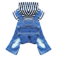 Doggyzstyle denim jumpsuit striped hoodie—stylish one-piece outfit for dogs and photos.
