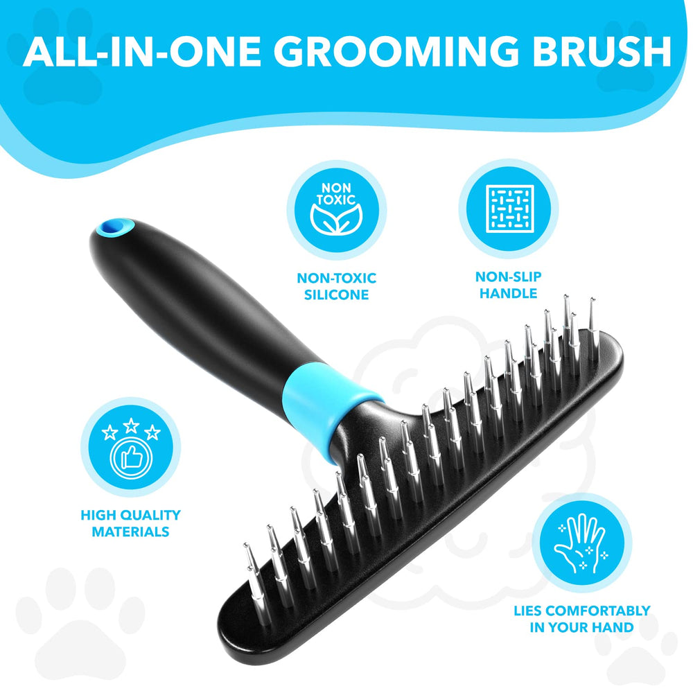 DOGI Deshedding Brush close-up shows stainless pins for fur removal