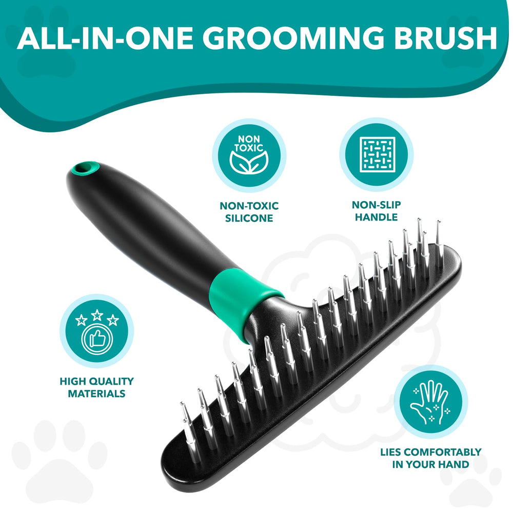 DOGI undercoat rake in action on a dog to reduce shedding.