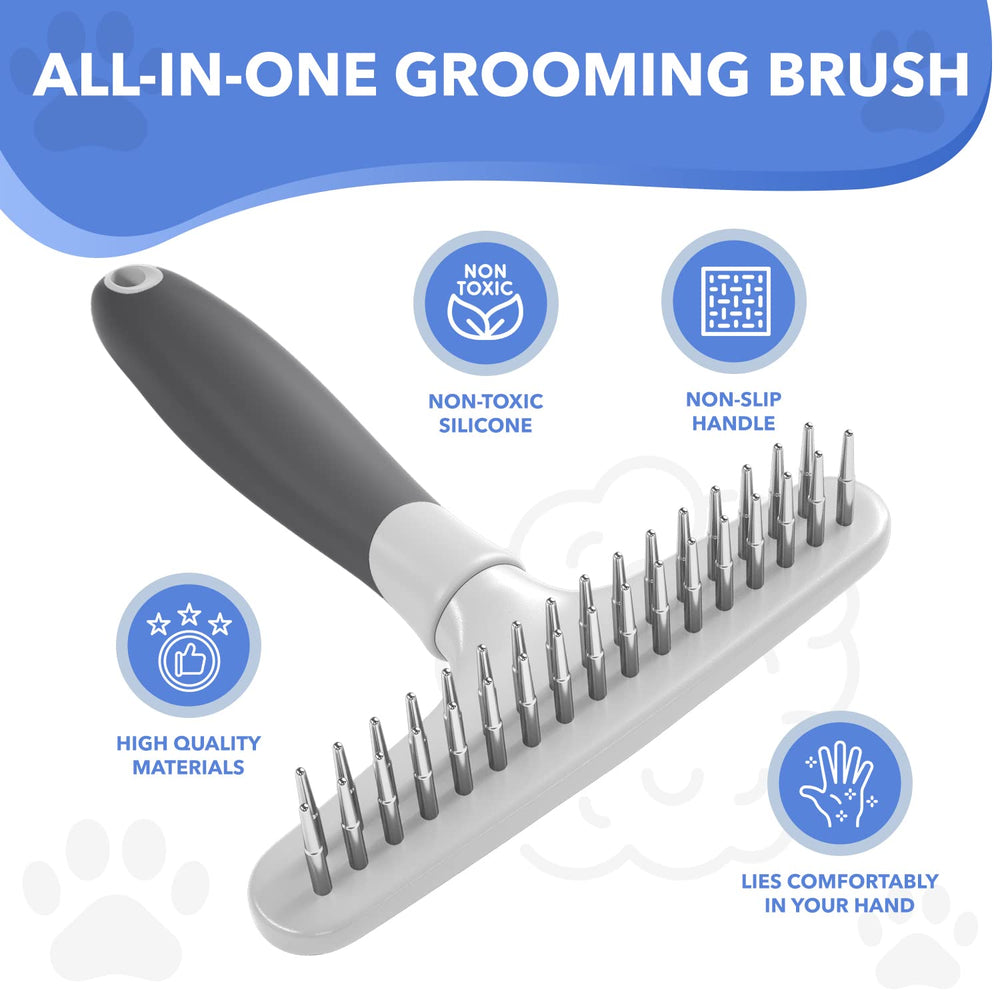 DOGI undercoat rake close-up shows double-row pins that reduce pulling during brushing