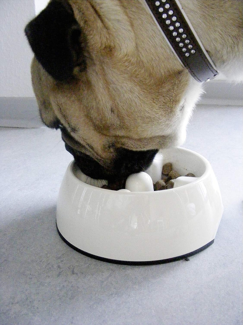Dogit slow feeder white side view shows ridged interior supporting slower eating.