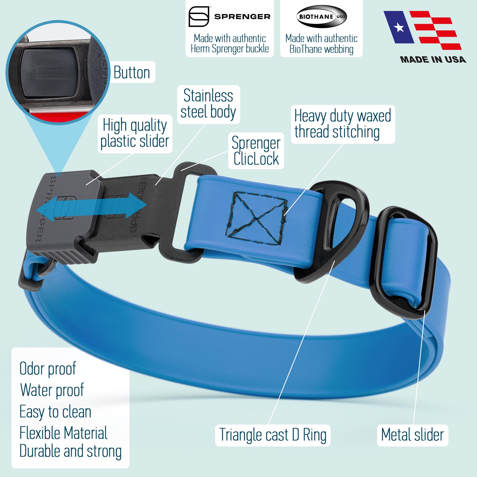 Dogline heavy-duty 1-inch blue collar for versatile sizing during daily adventures