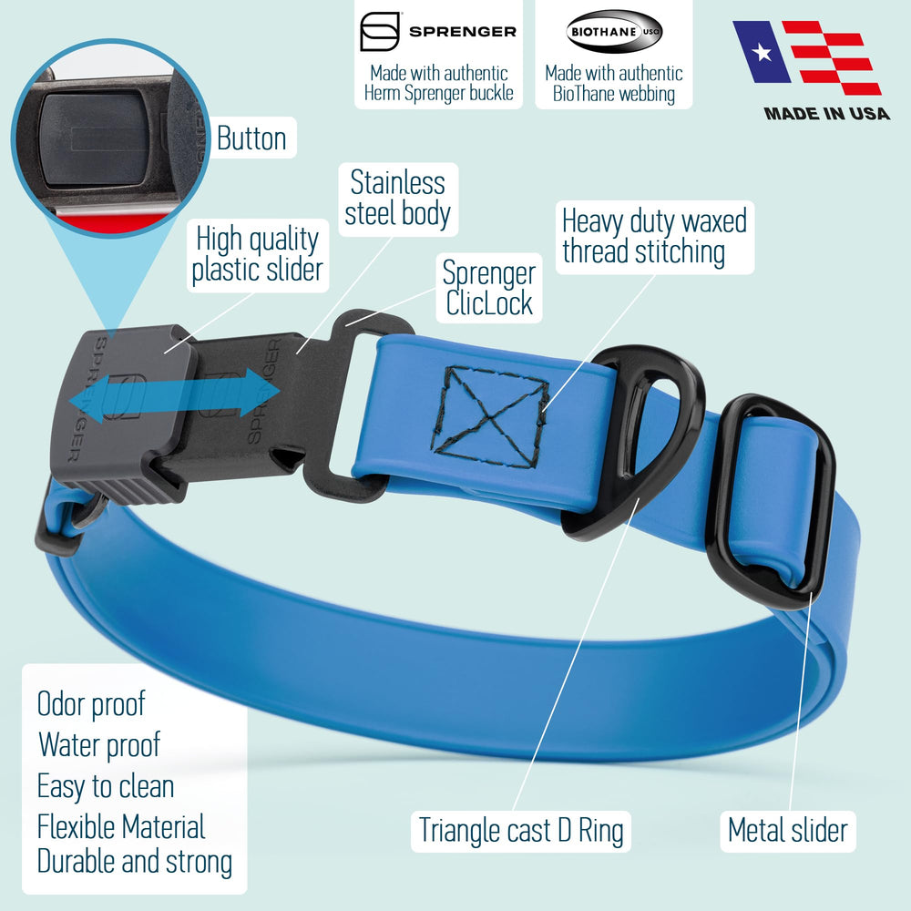 Dogline heavy-duty 1-inch blue collar for versatile sizing during daily adventures