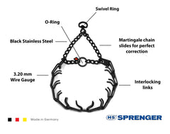 Dogline black stainless steel prong collar closeup shows durable beveled prongs.