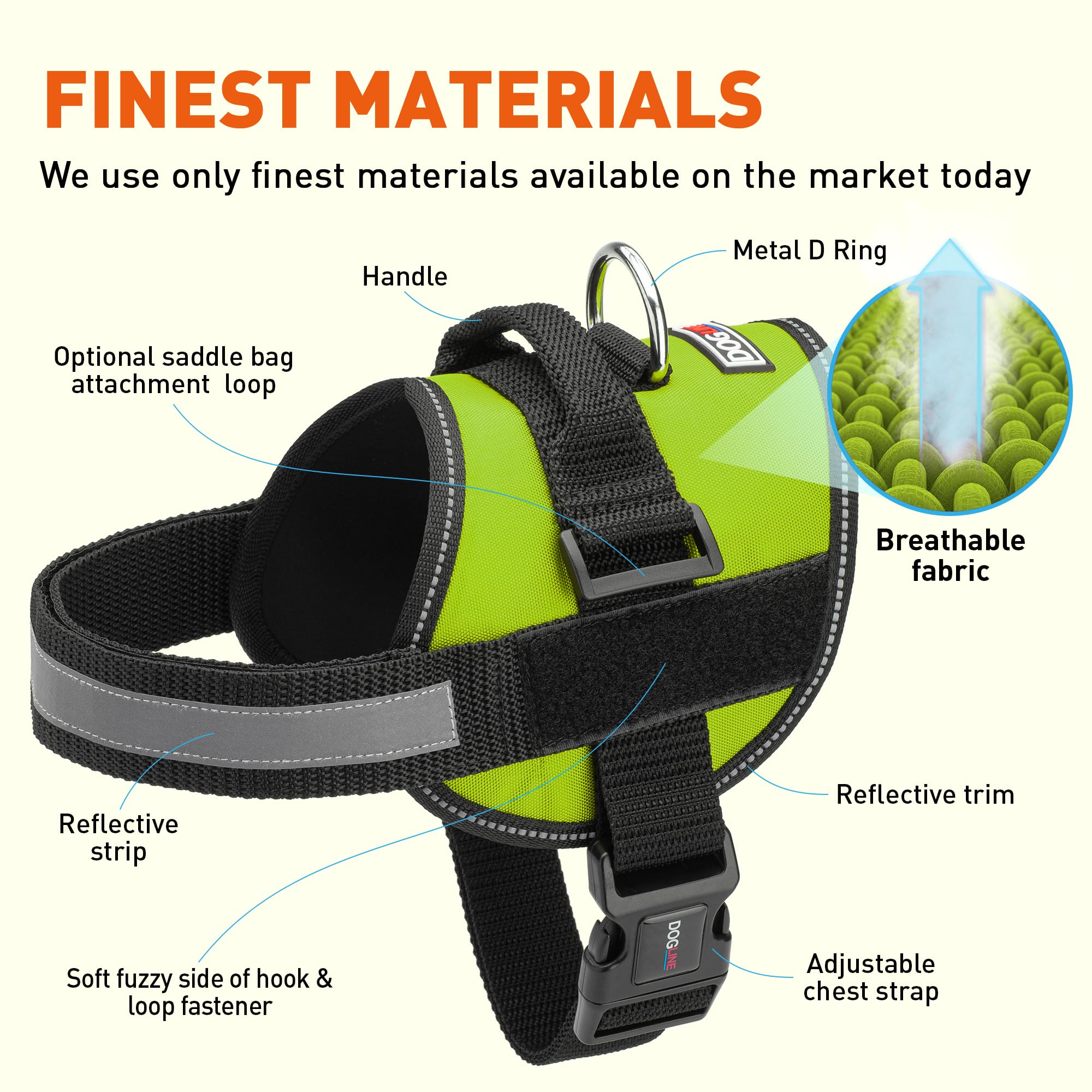 Dogline adjustable vest ensures snug fit for various dog sizes.