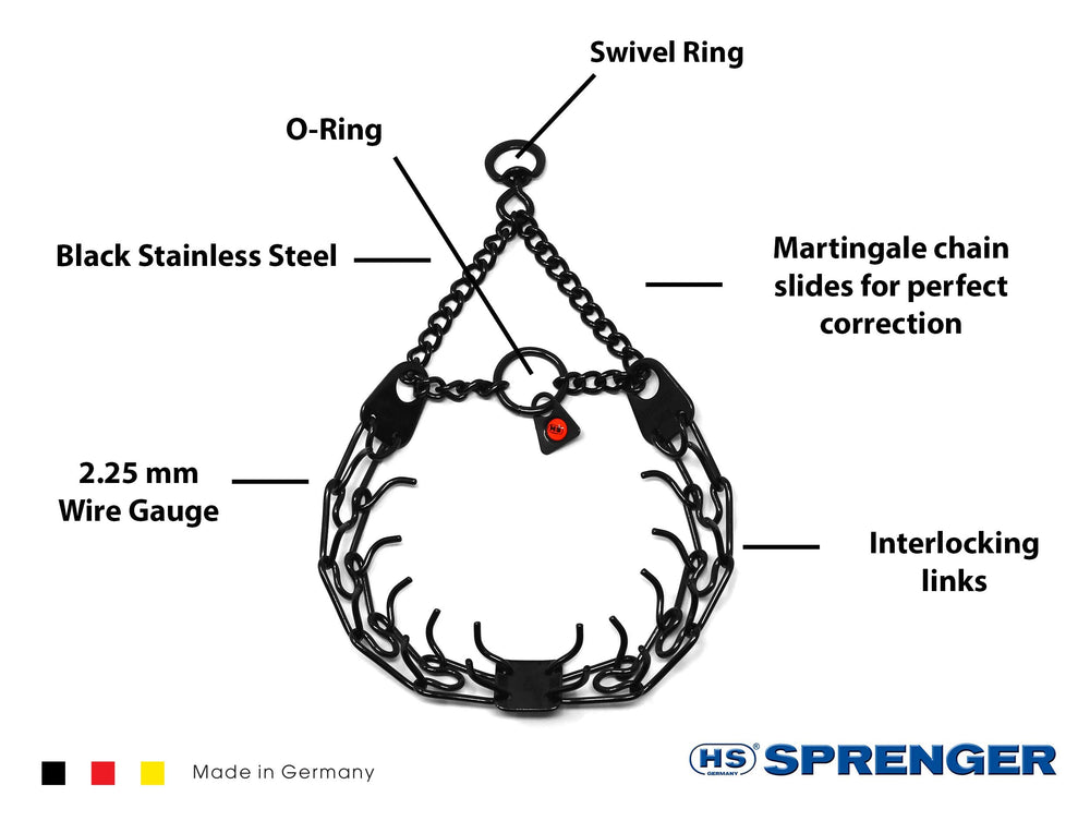 Dogline Herm Sprenger prong collar closeup showing beveled prongs for safety.