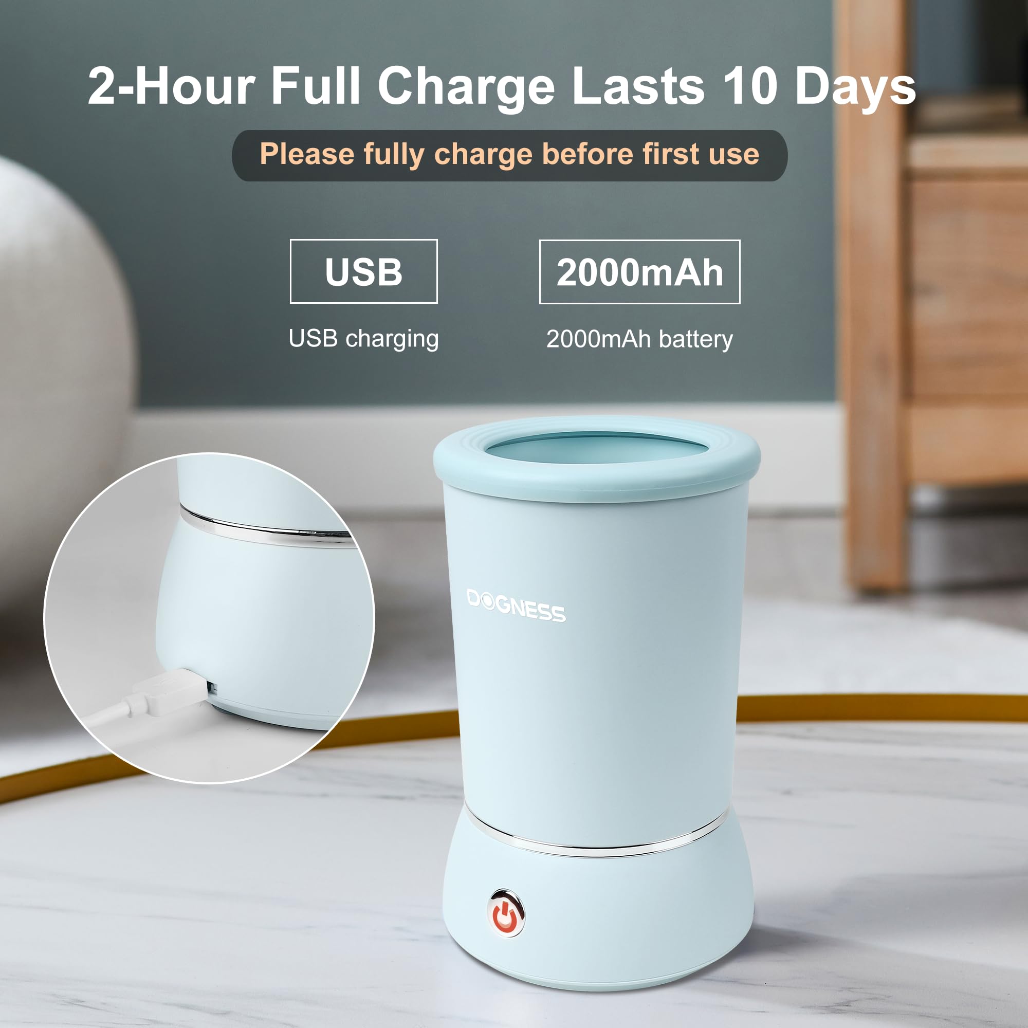 DOGNESS W01 rechargeable battery supports cordless cleaning across days.