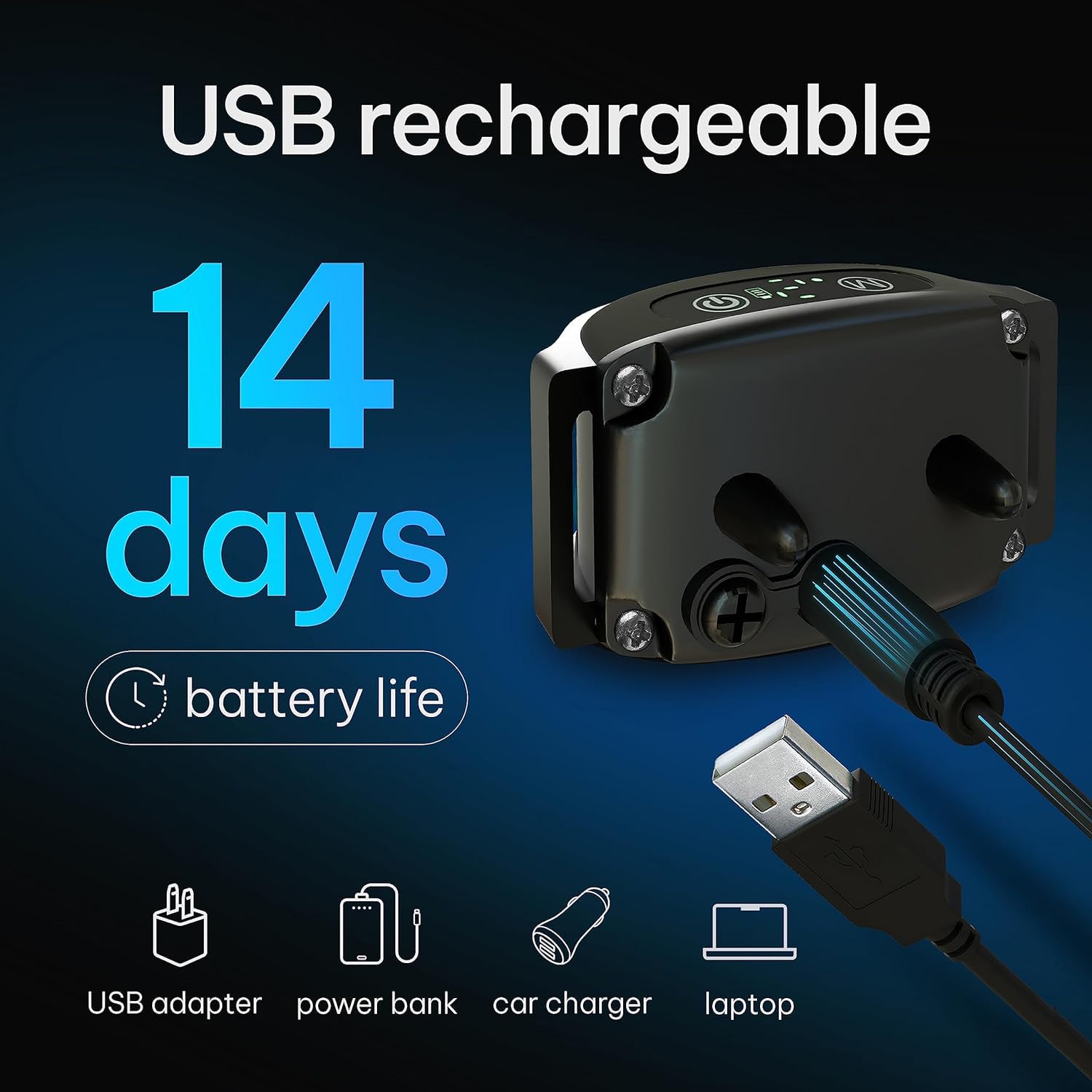 DogRook rechargeable battery indicator shows long-lasting use and easy recharging.