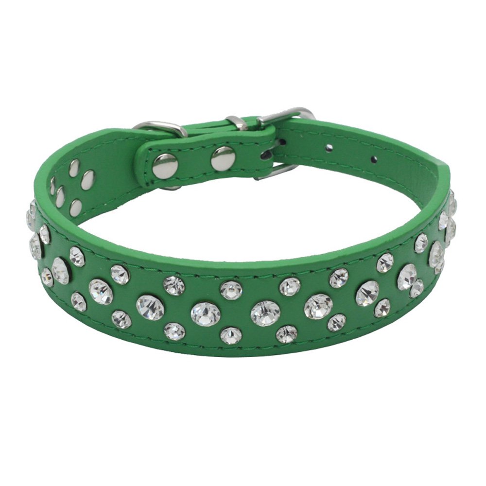 Dogs Kingdom crystal leather collar green XL with sparkling rhinestones for stylish pet dressing.