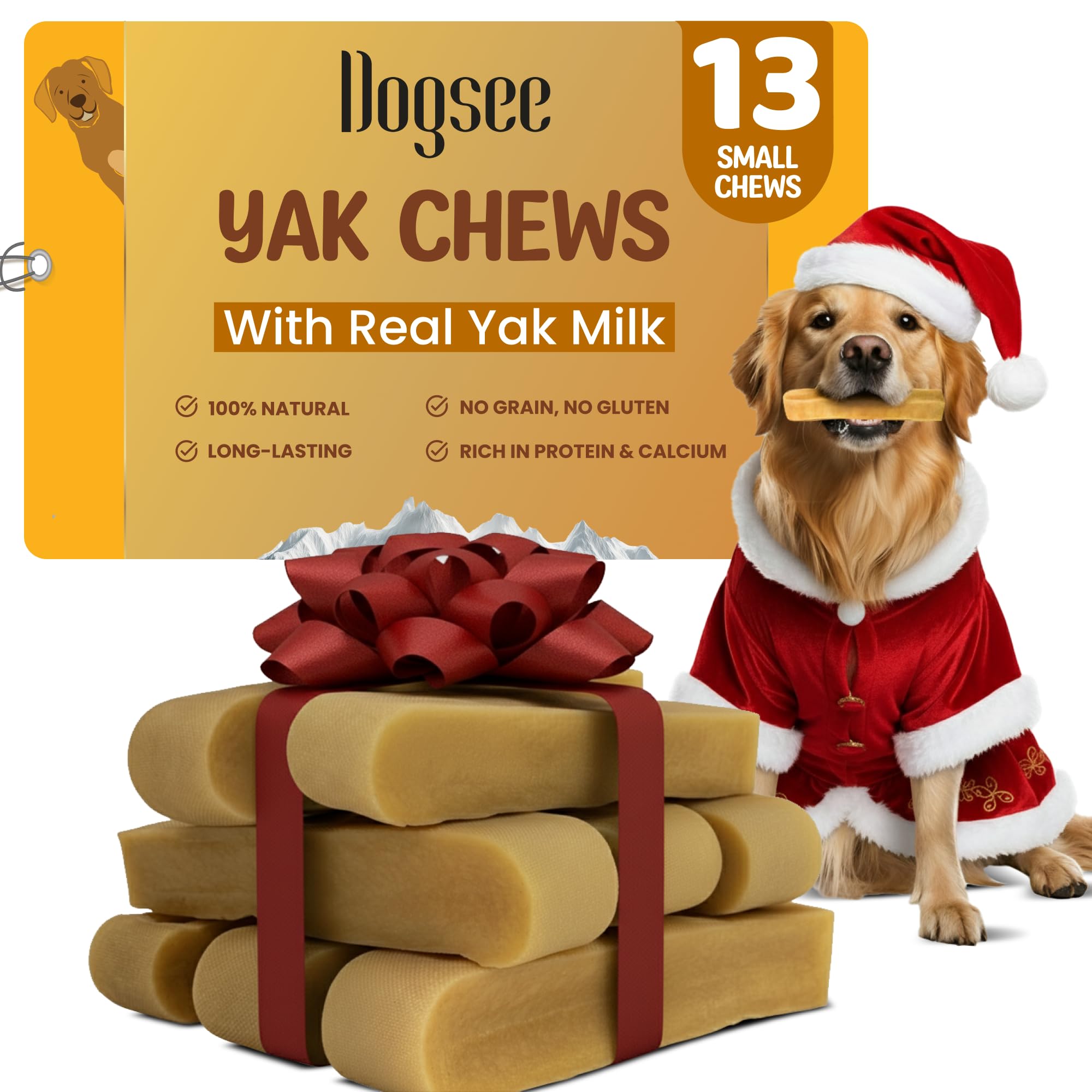 Dogsee Original Yak Chews packaging shows 1lb bag with 13 bars for small breeds, long-lasting.