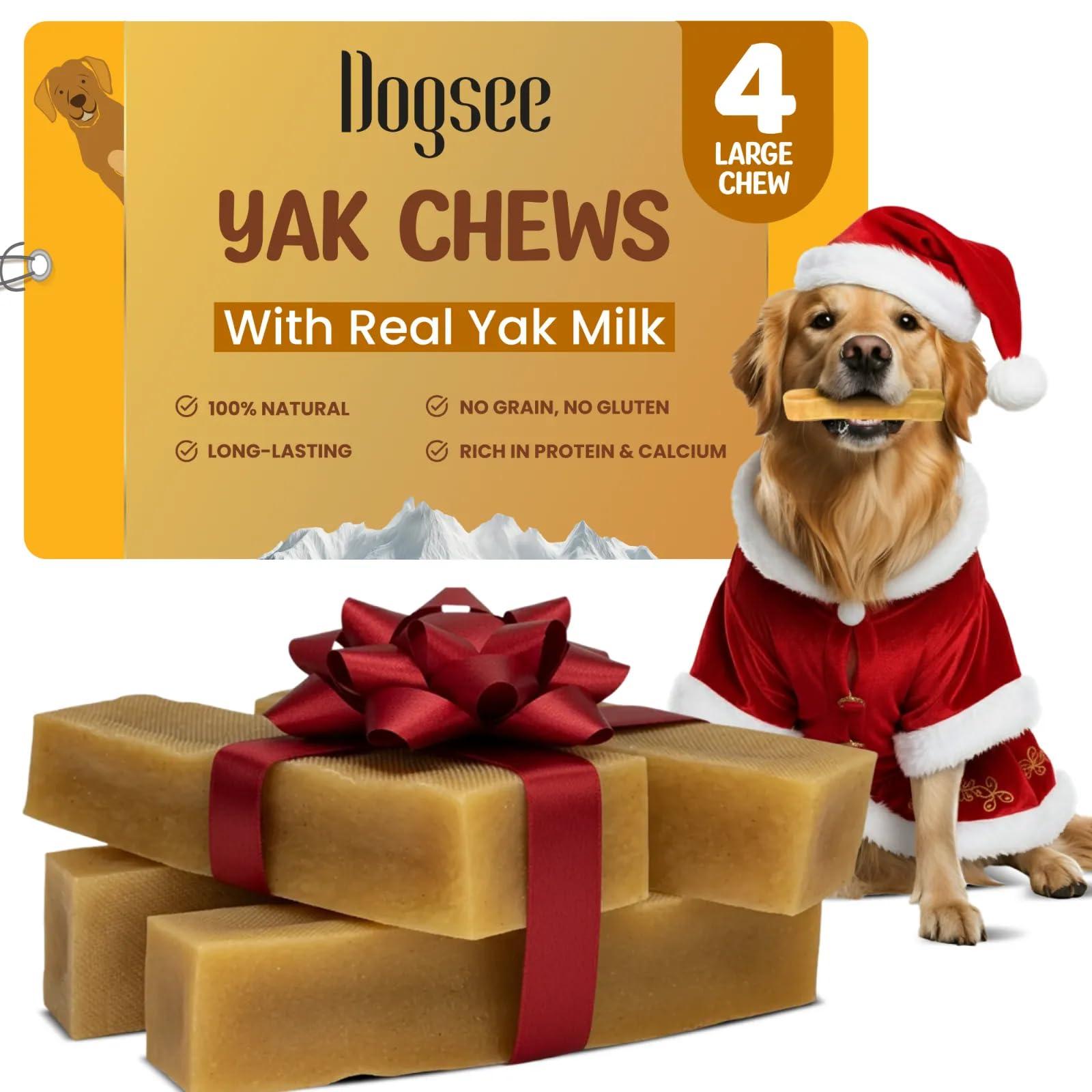 Dogsee Original Yak Chews packaging close-up shows natural ingredients and Himalayan origin.