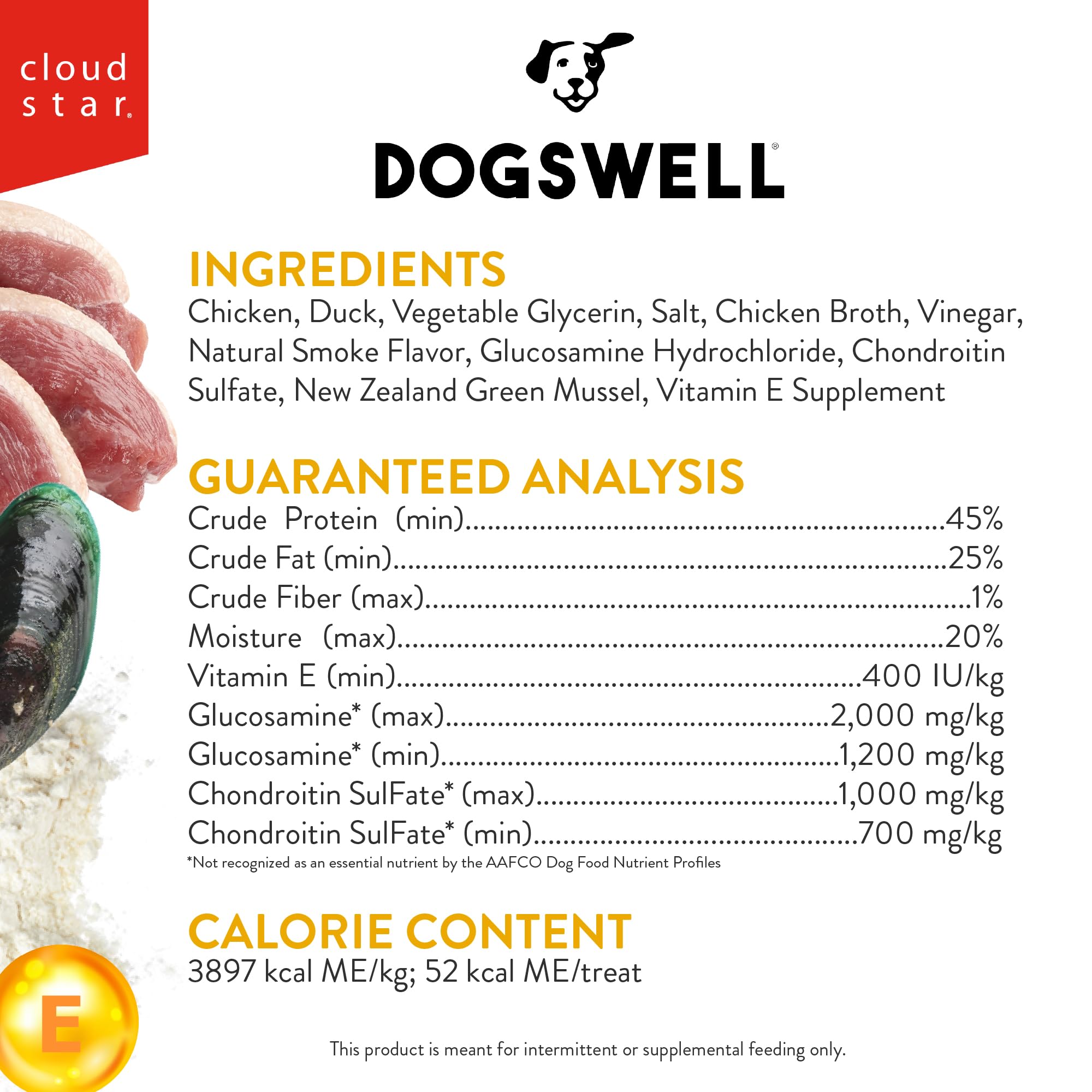 Dogswell glucosamine-chondroitin label close-up signaling joint-supporting ingredients.