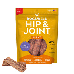 Dogswell hip-joint jerky duck front packshot showing joint-support treat packaging.