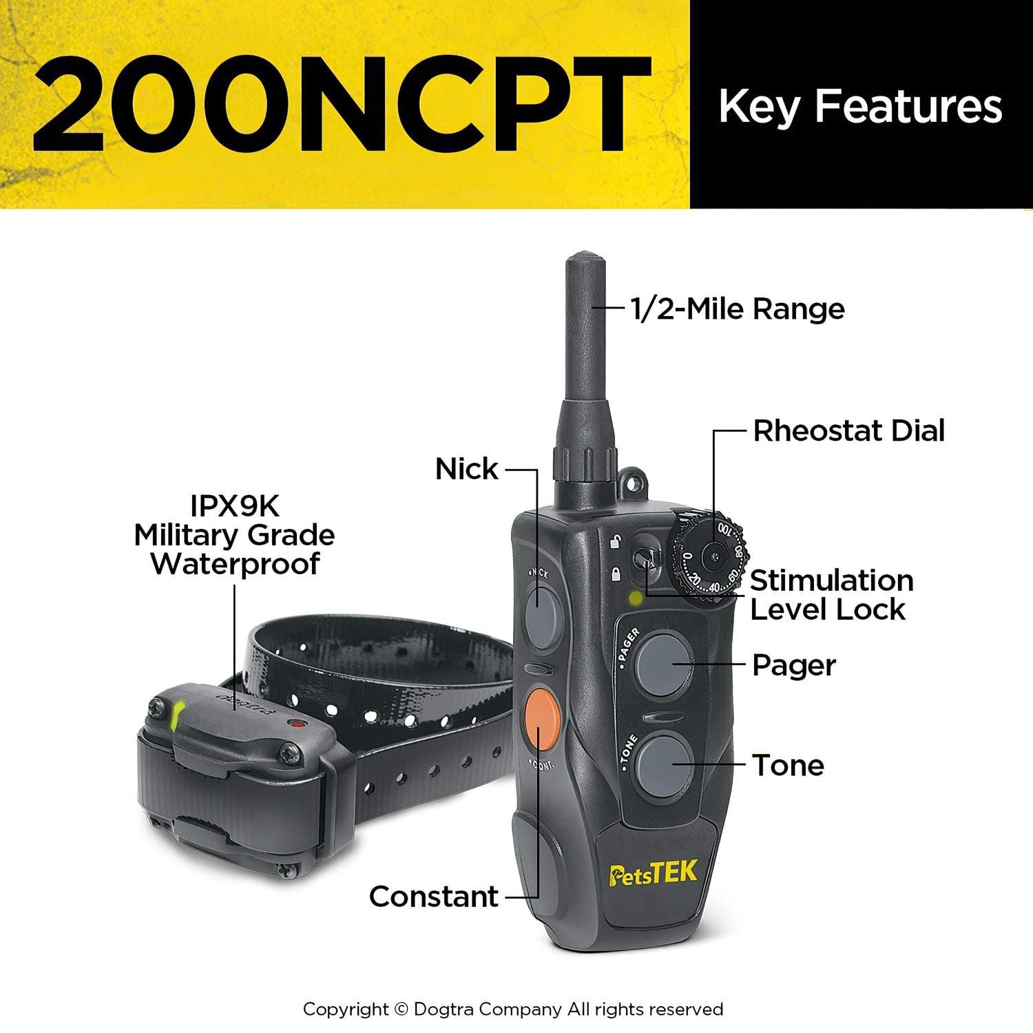 Dogtra 200NCPT level-lock switch prevents unintended stimulation changes