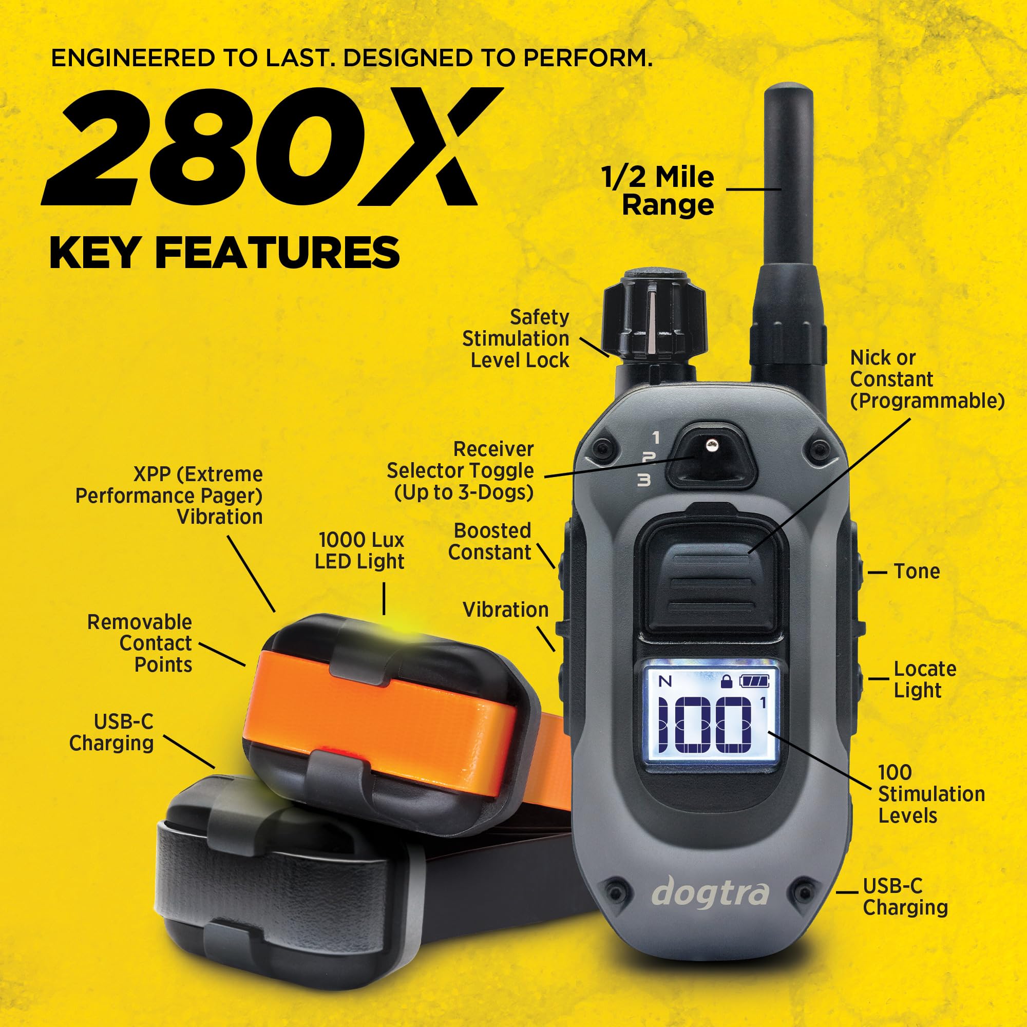 Dogtra 280X dual-dog system with large screen aids quick setting adjustments.
