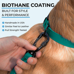 DogTraxs Biothane leash waterproof odorproof material highlights all-weather use.