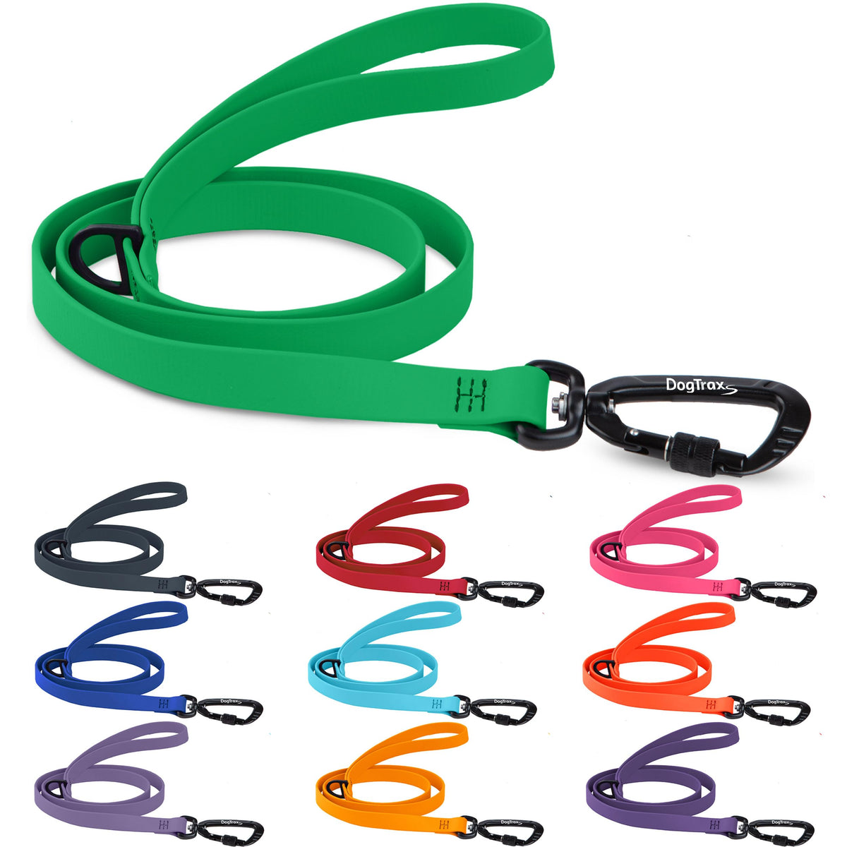 DogTraxs essential biothane leash clip closeup showing secure self-locking carabiner for peace of mind.
