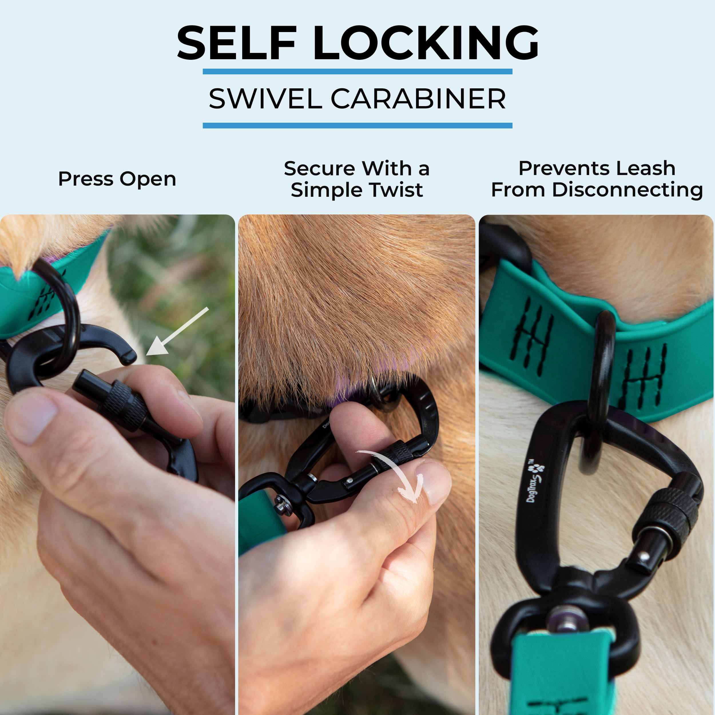 DogTraxs self-locking swivel carabiner closeup emphasizes secure attachment.