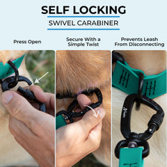 DogTraxs self-locking swivel carabiner closeup emphasizes secure attachment.