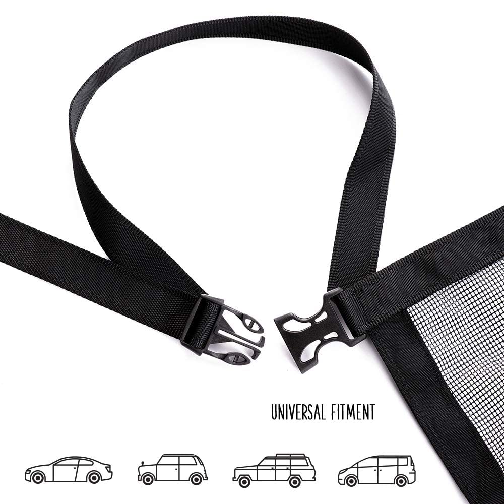 DOGUAL car barrier buckle-installation shows quick, tool-free mounting under headrests.