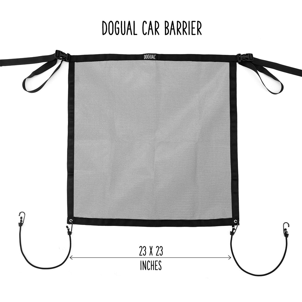 DOGUAL car barrier bungee-under-seat demonstrates flexible seating with secure barrier.