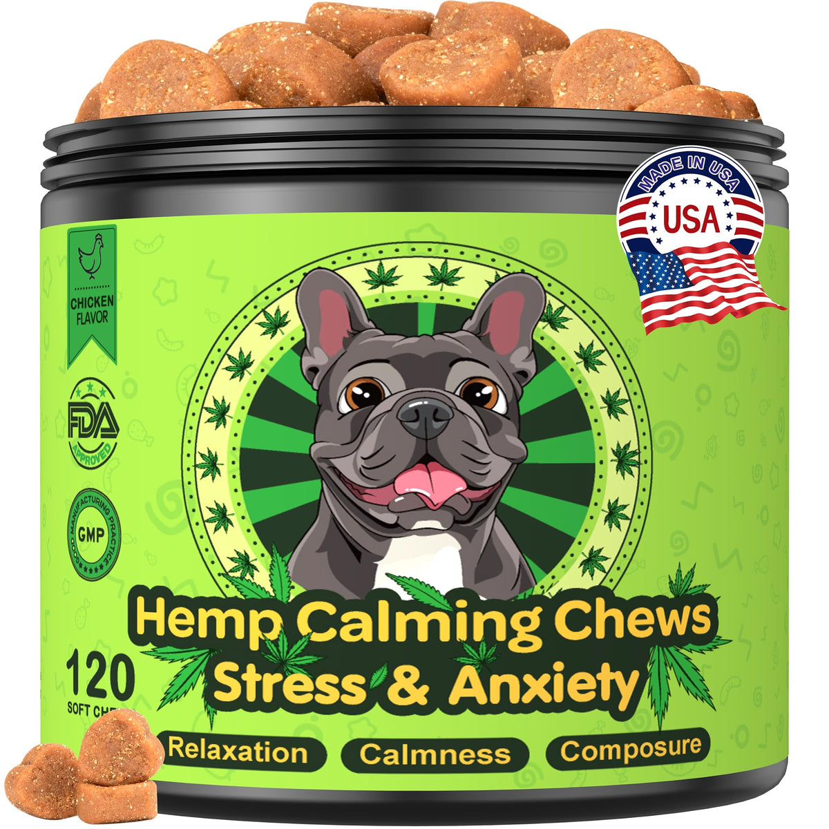 DOGVC Hemp Calming Chews bottle front shows calming support for anxious dogs.