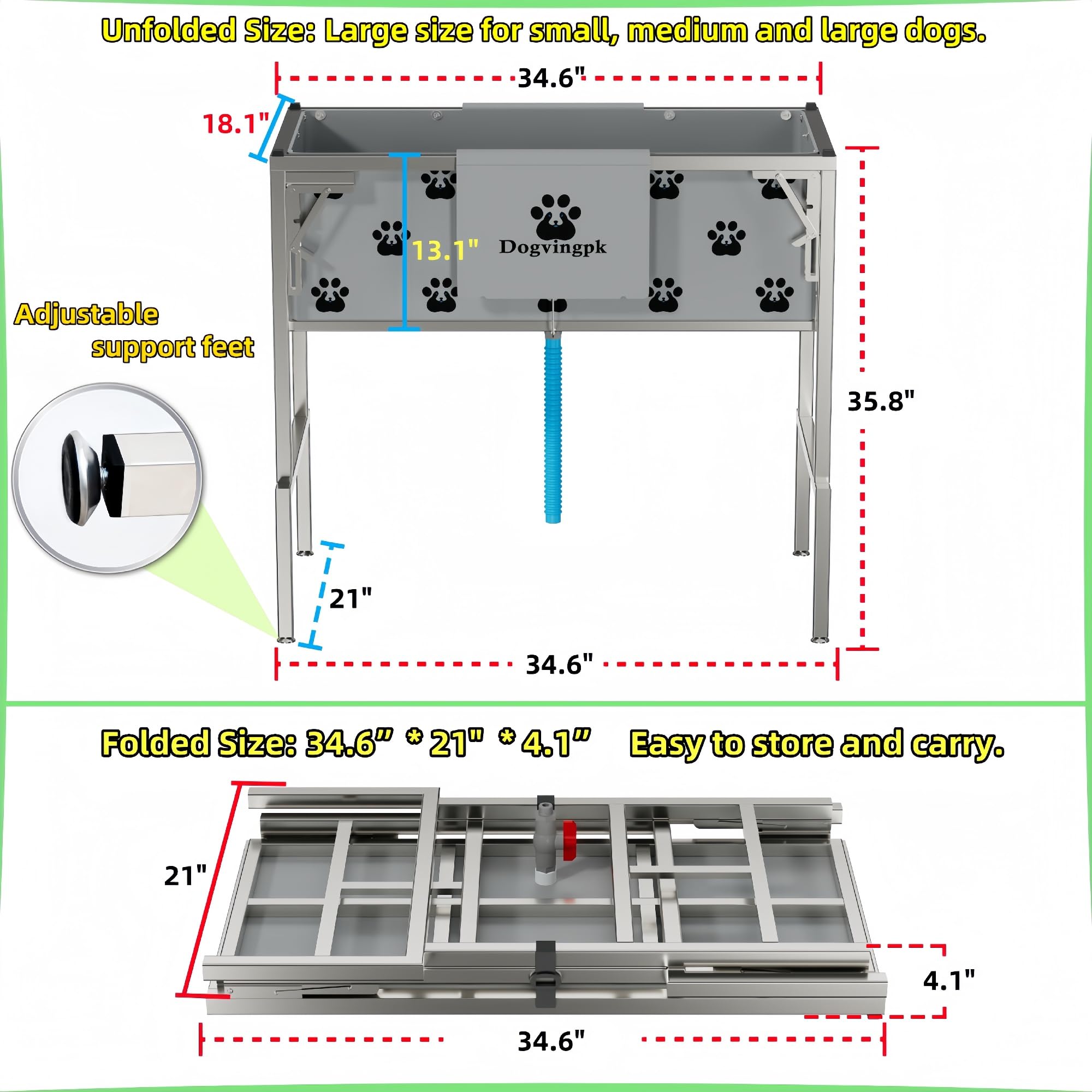 Dogvingpk integrated drain system allows quick water release after baths.