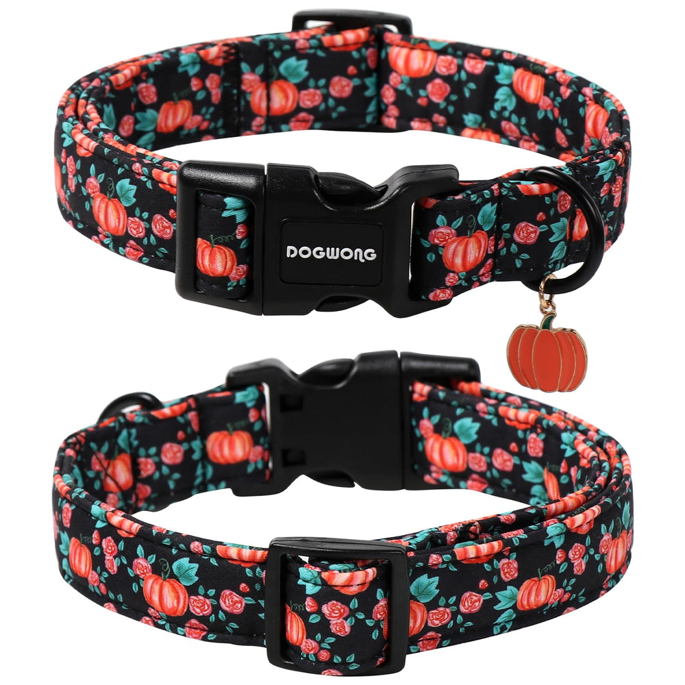 DogWONG adjustable pumpkin collar highlighting secure D-ring for easy leash attachment.