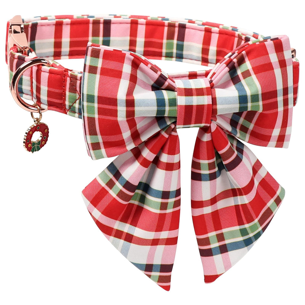 DOGWONG Christmas collar with bow red plaid closeup for festive look