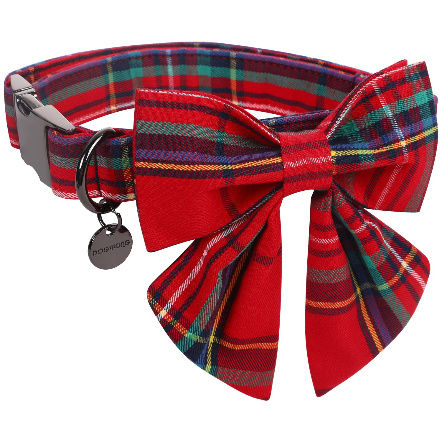 DOGWONG Christmas collar with Sailor Bow in red plaid highlights festive style and comfortable fit.