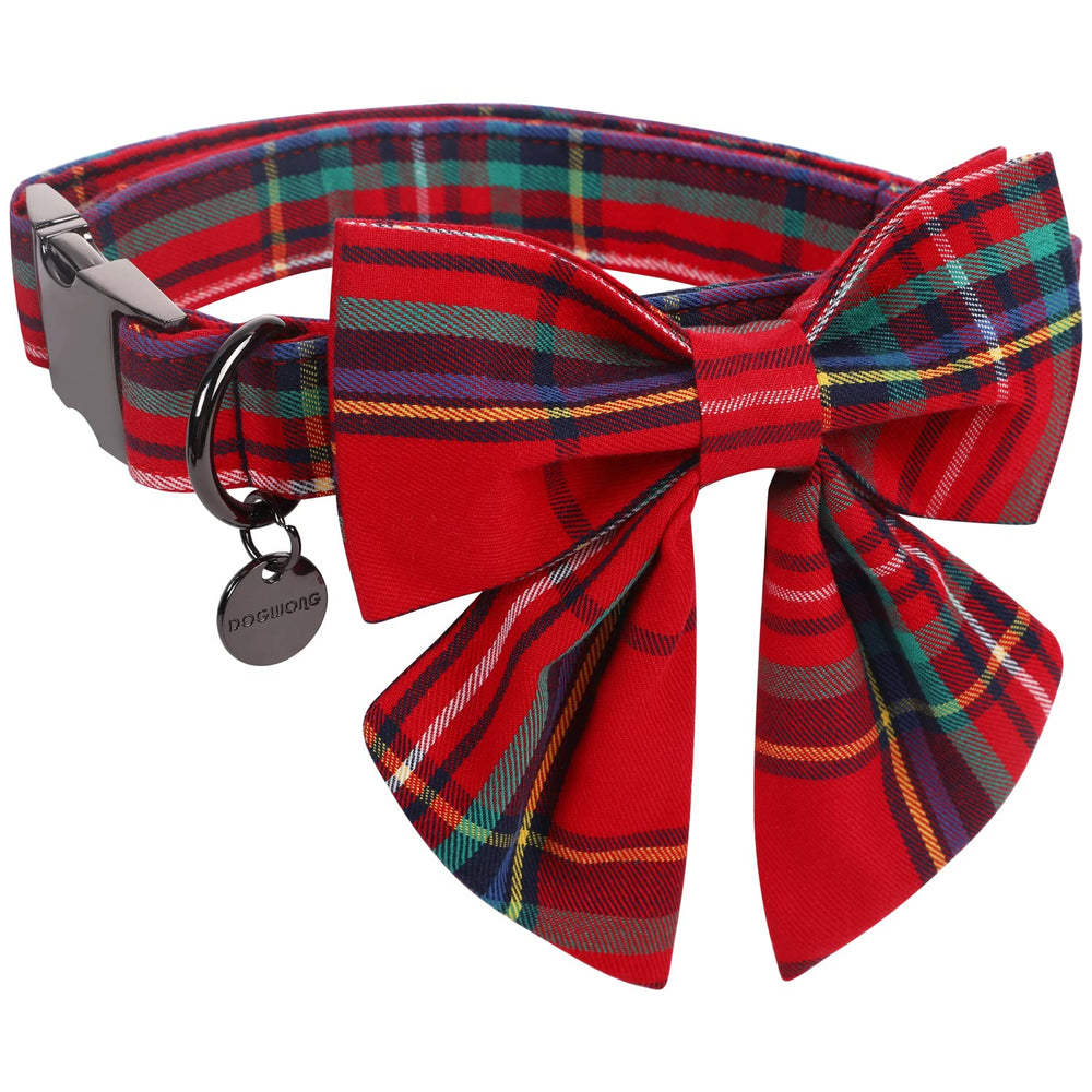 DOGWONG Christmas collar with Sailor Bow in red plaid highlights festive style and comfortable fit.