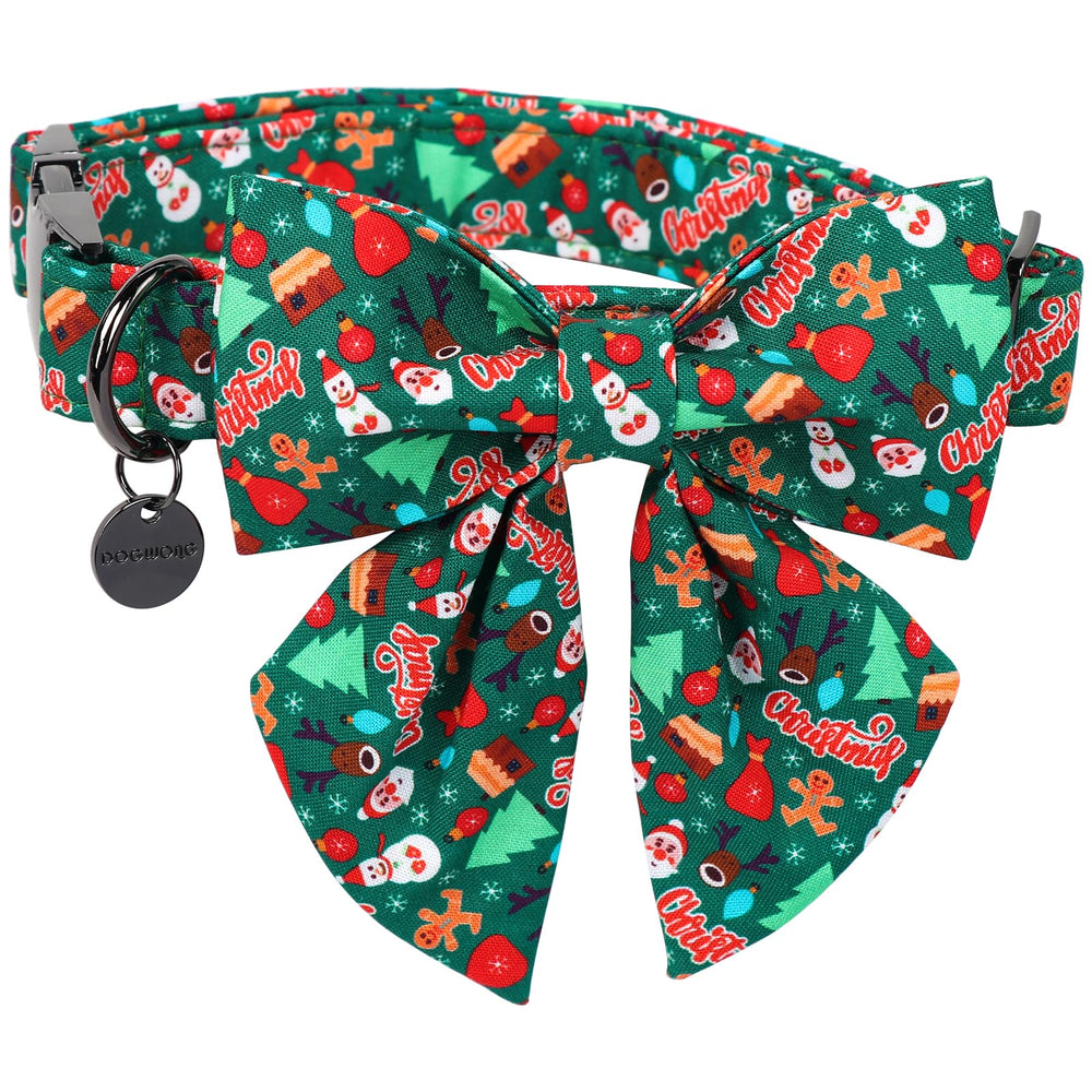DOGWONG Christmas collar with sailor bowtie in green; closeup shows durable cotton fabric for daily wear