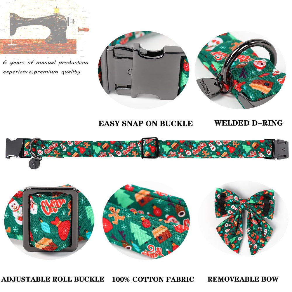 DOGWONG dog wearing Christmas collar with bowtie on walk, showcasing quick-release buckle