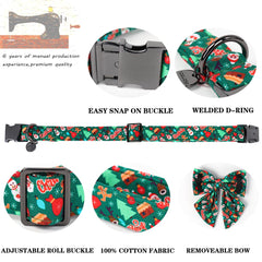 DOGWONG dog wearing Christmas collar with bowtie on walk, showcasing quick-release buckle