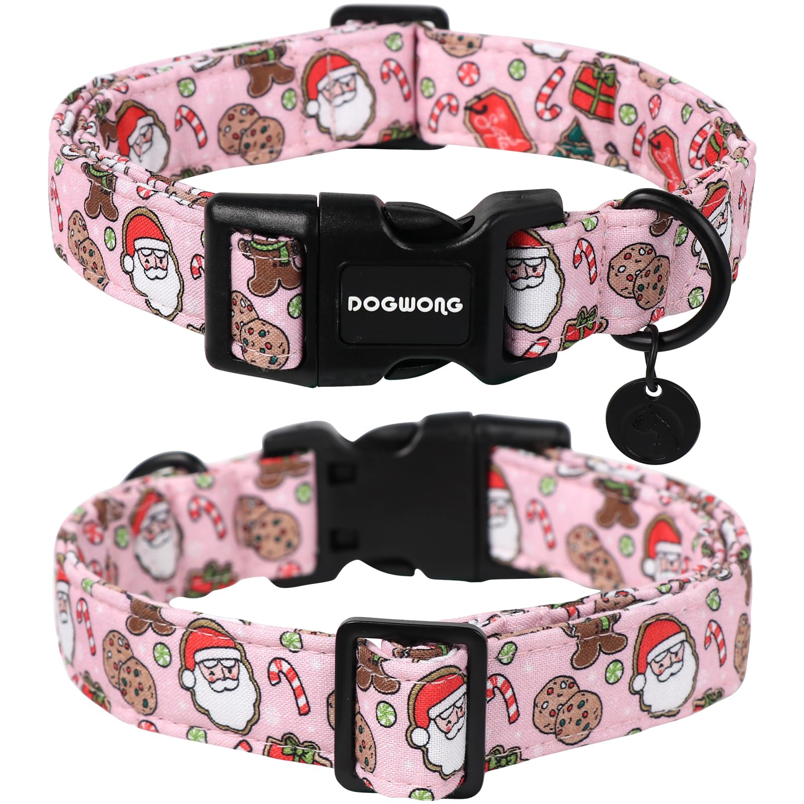 DOGWONG Christmas cotton collar pink Santa pattern close-up shows soft fabric.