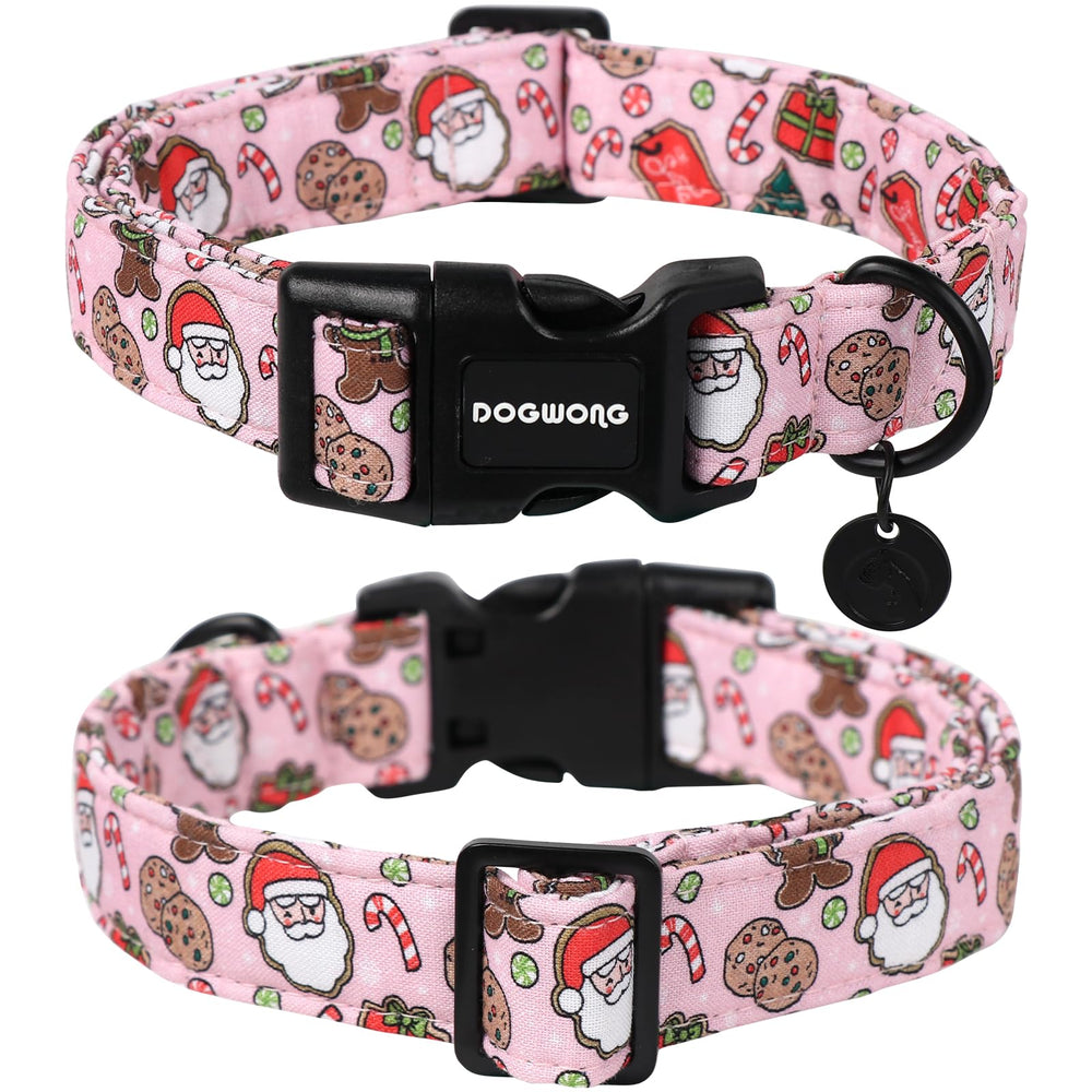DOGWONG Christmas cotton collar pink Santa pattern close-up shows soft fabric.