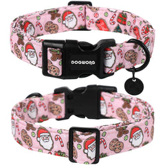DOGWONG Christmas cotton collar pink Santa pattern close-up shows soft fabric.