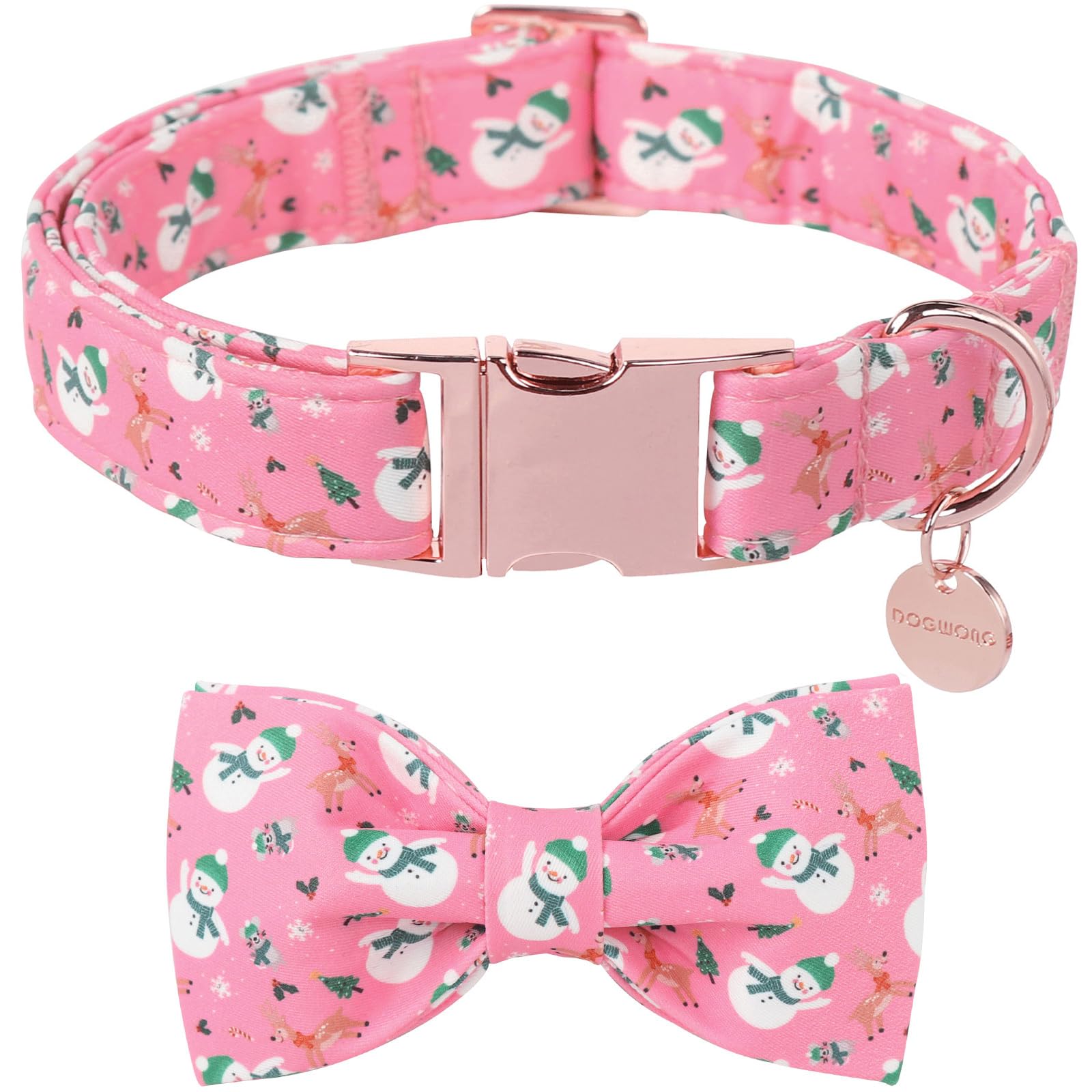 DOGWONG Christmas dog collar bow pink snowman print; festive look for holiday photos.