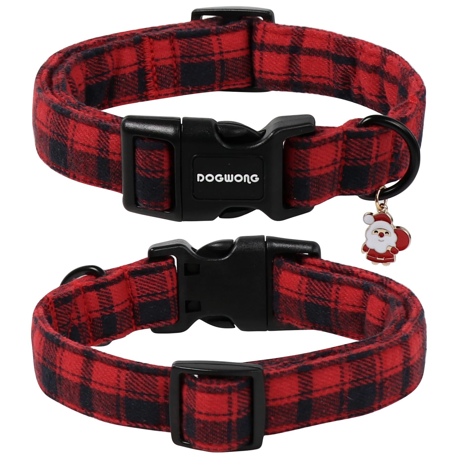 DOGWONG Christmas plaid collar adjustable close-up showing secure plastic buckle and D-ring.