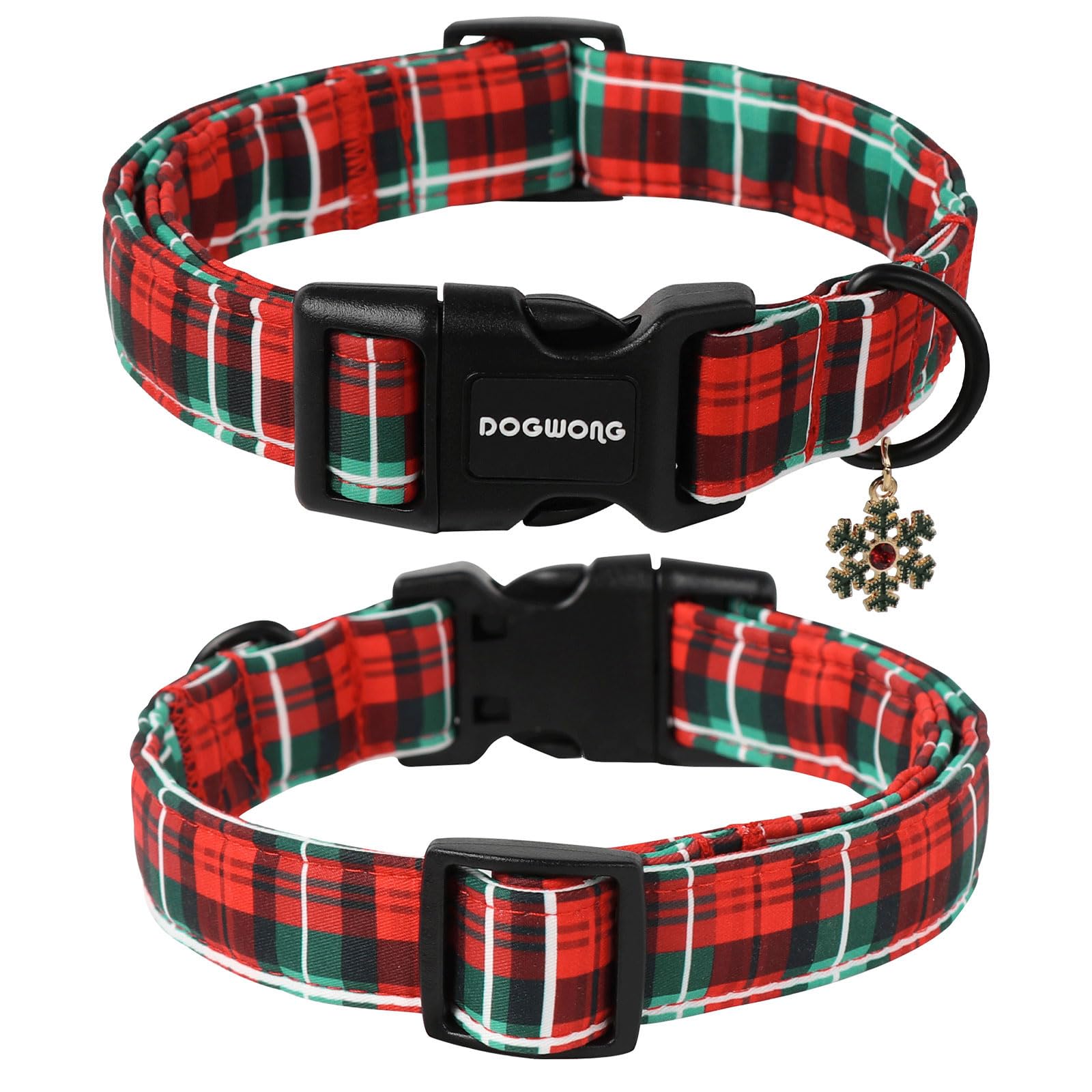 DOGWONG Christmas plaid collar buckle detail highlights durable plastic buckle and easy adjustment