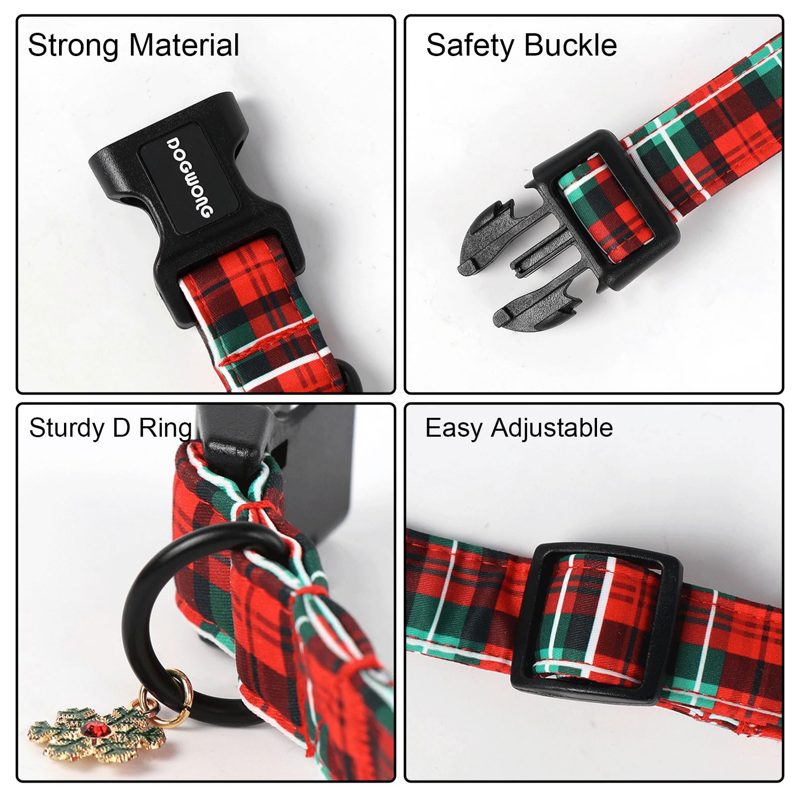 DOGWONG Christmas plaid collar D ring shows tag and leash attachment ready for daily walks