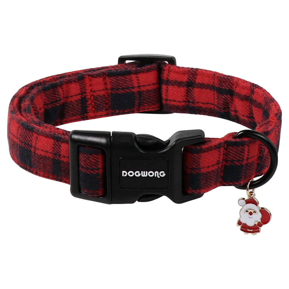 DOGWONG Christmas plaid collar front view with soft cotton fabric and sturdy buckle for daily wear.