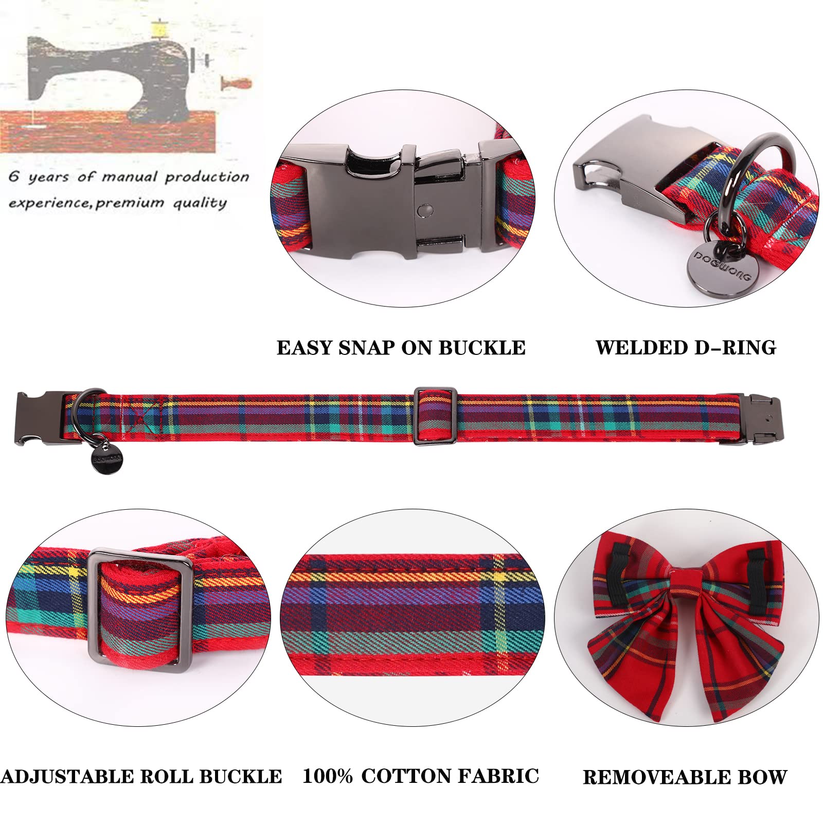 DOGWONG cotton adjustable collar in red tartan offers everyday softness and durability.