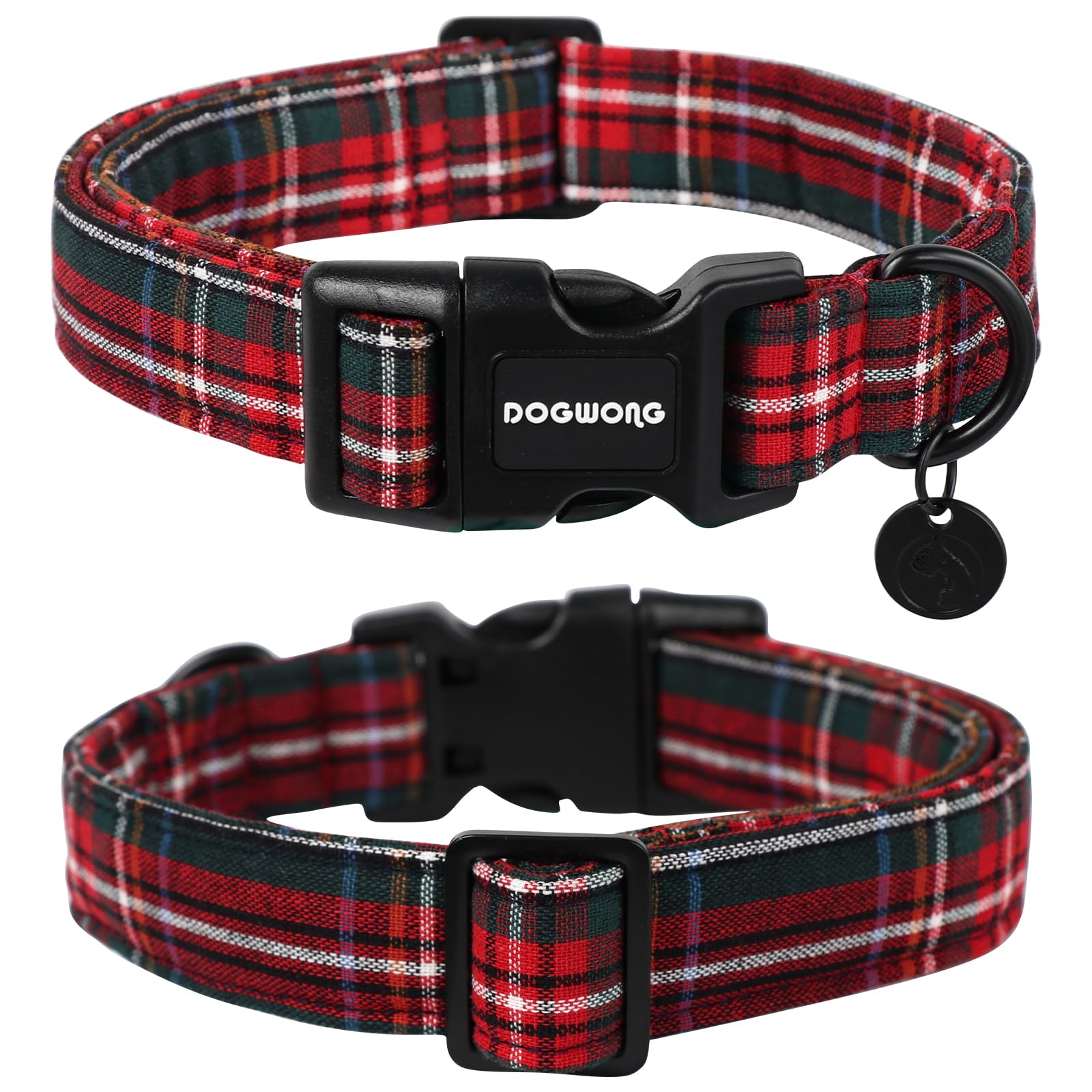 DOGWONG heavy-duty red plaid collar on a dog emphasizes durability.