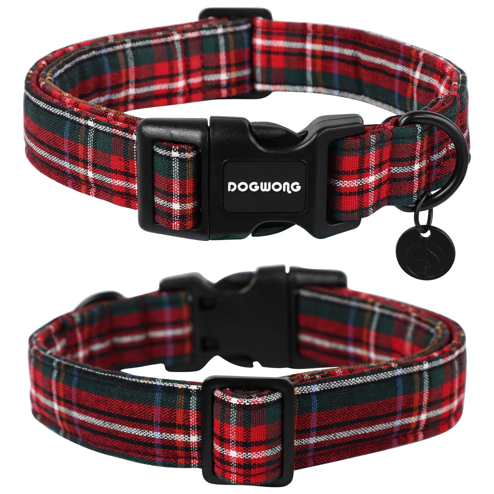 DOGWONG heavy-duty red plaid collar on a dog emphasizes durability.