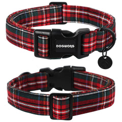 DOGWONG heavy-duty red plaid collar on a dog emphasizes durability.