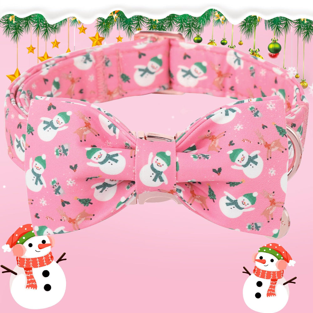 DOGWONG pink snowman print collar bow closeup; durable hardware for secure daily wear.