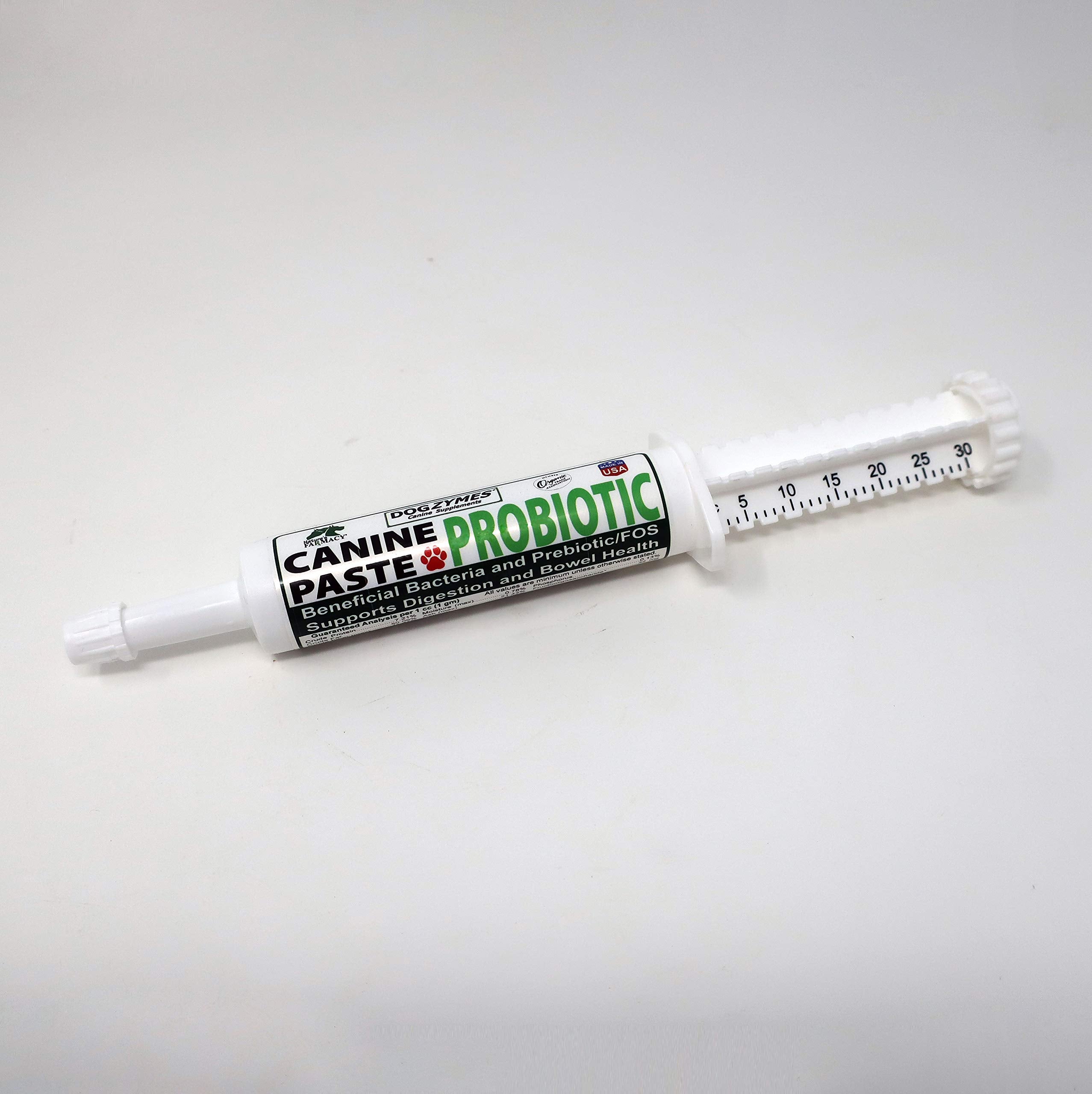 Dogzymes canine probiotic paste bottle showing convenient gut-supporting supplement for dogs.