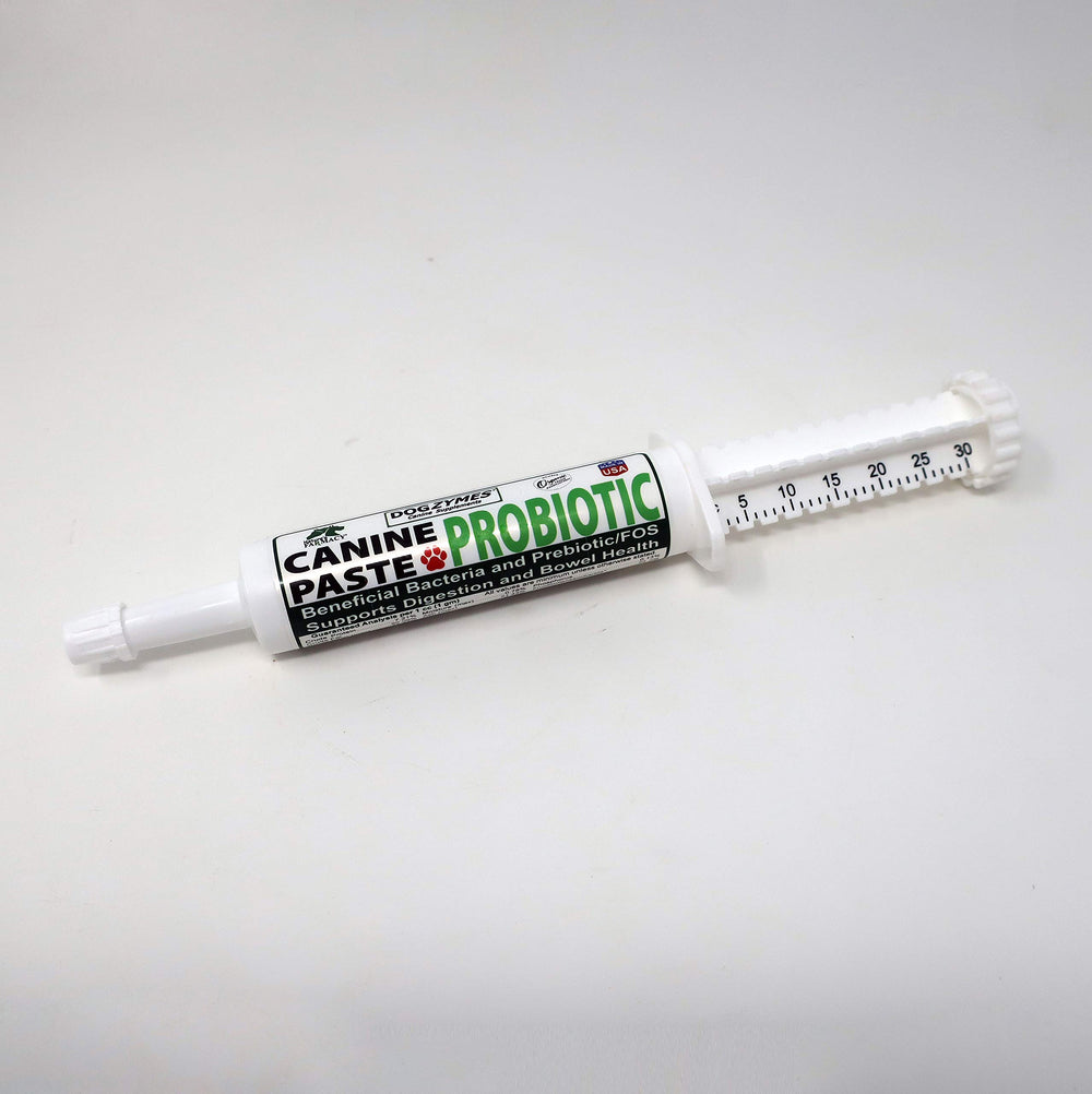Dogzymes canine probiotic paste bottle showing convenient gut-supporting supplement for dogs.