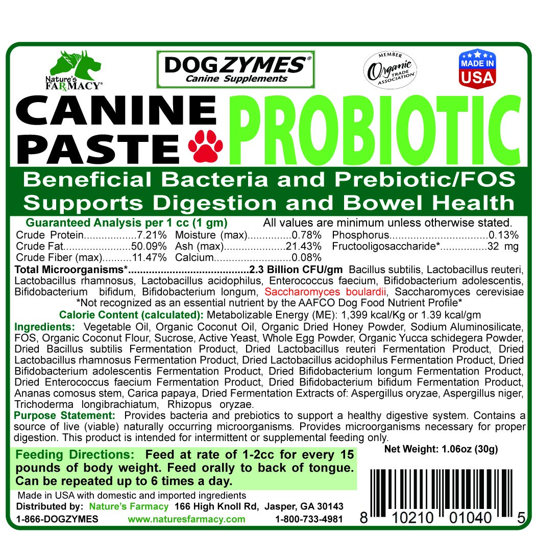 Dogzymes canine probiotic paste label highlights organic ingredients for pet health.